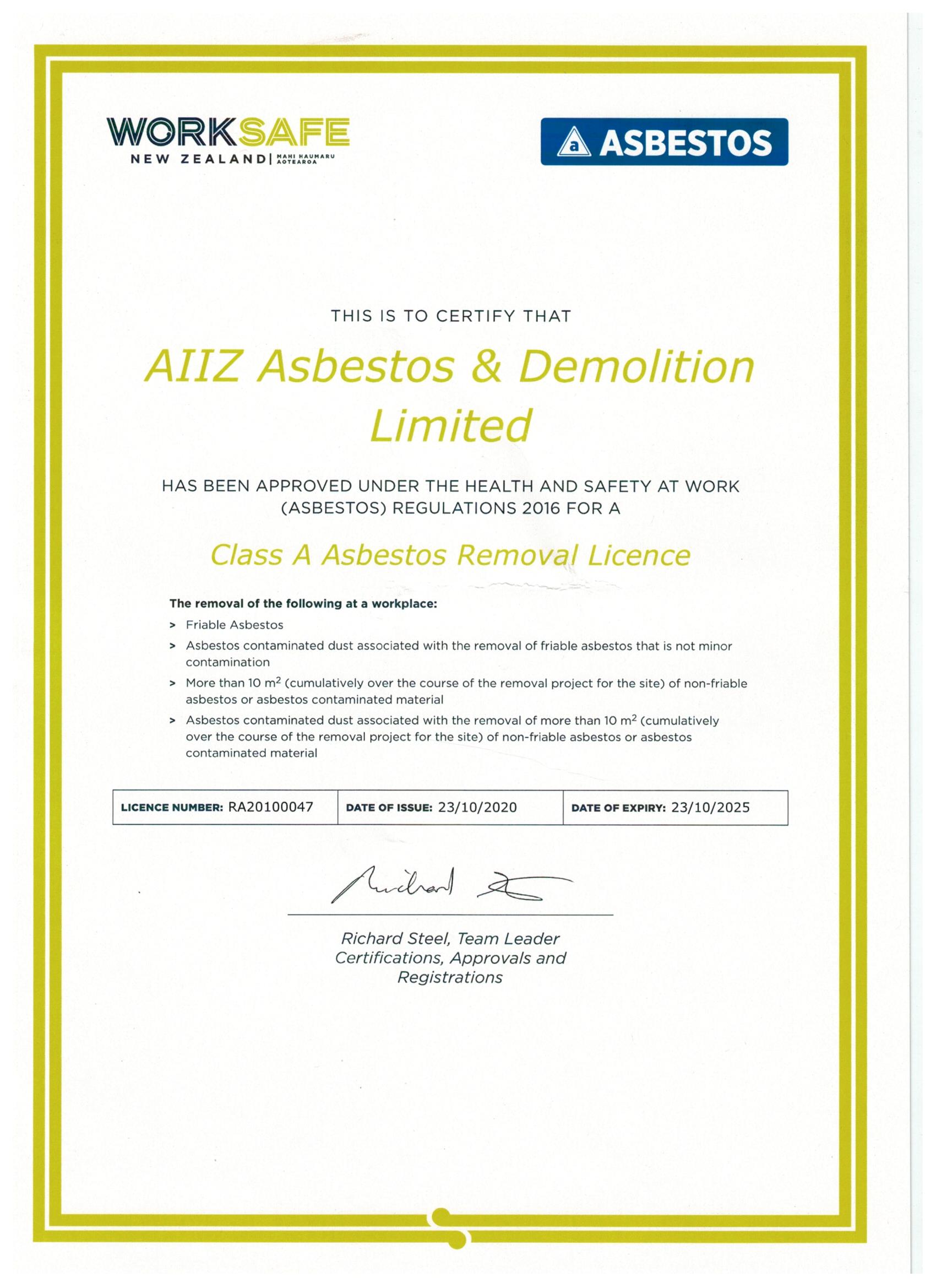 AIIZ WorkSafe NZ Class A Asbestos Removal Licence certificate