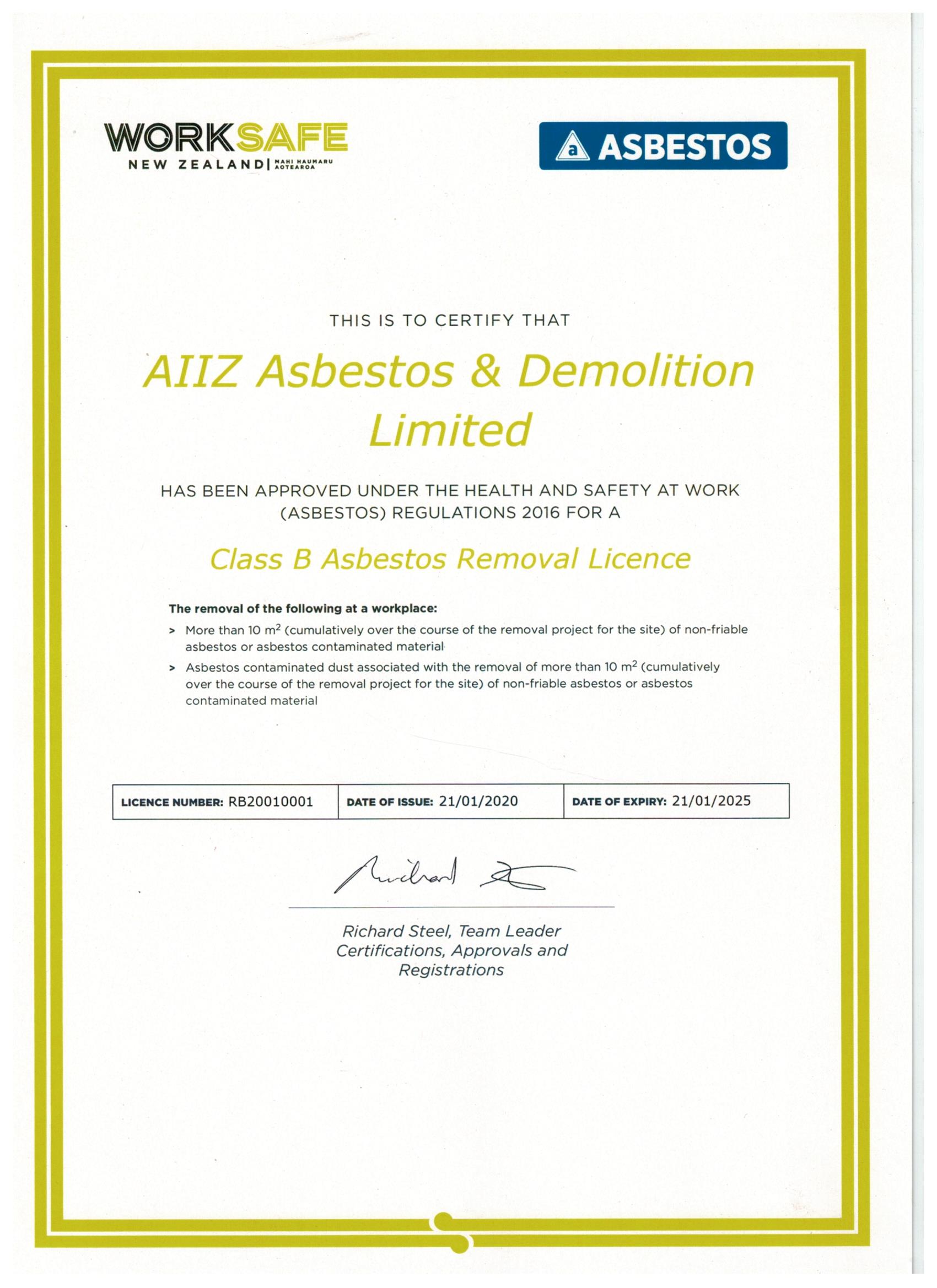 AIIZ WorkSafe NZ Class B Asbestos Removal Licence certificate
