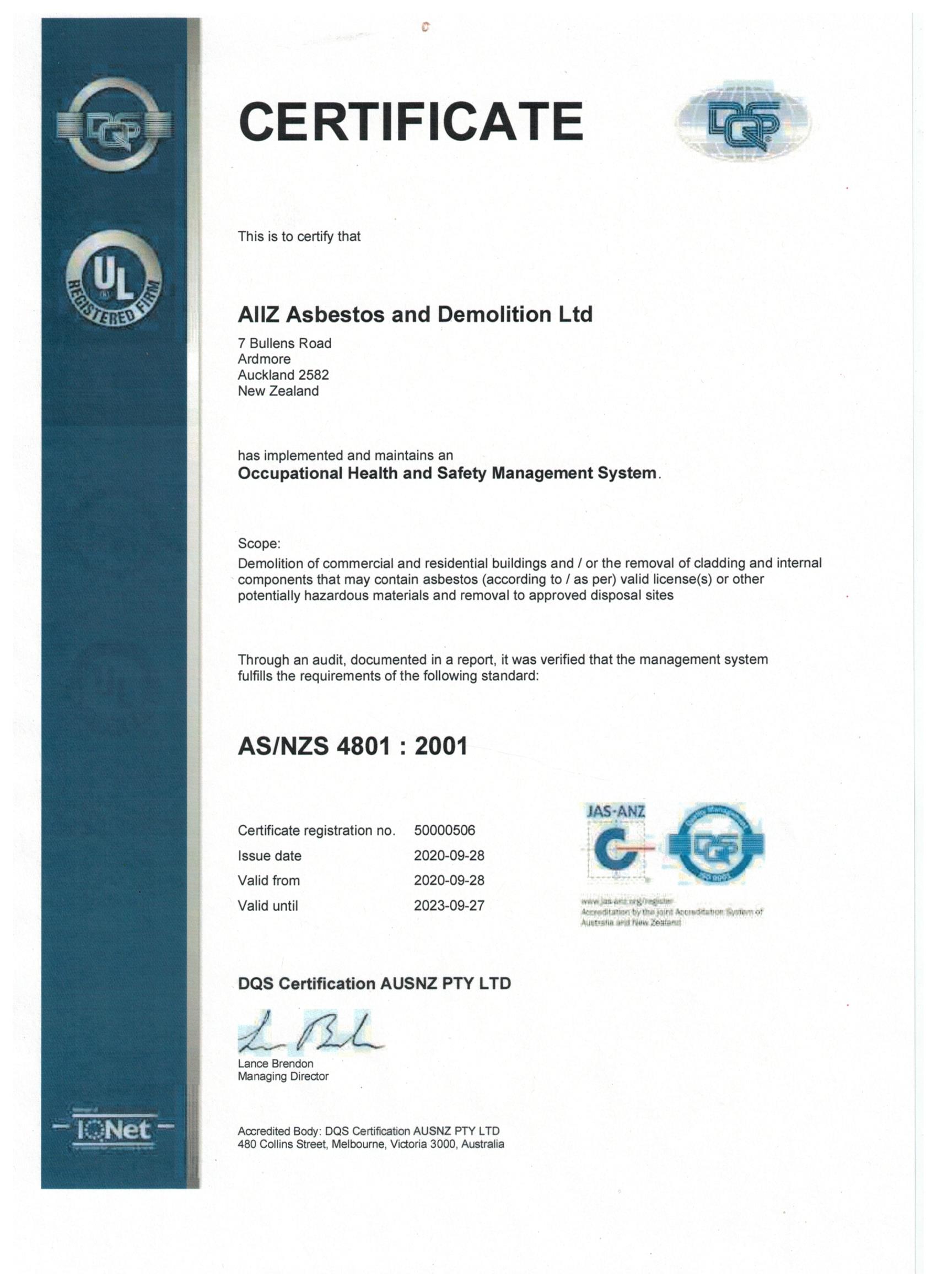 AIIZ AS/NZS 4801:2001 Occupational Health and Safety Management System certificate